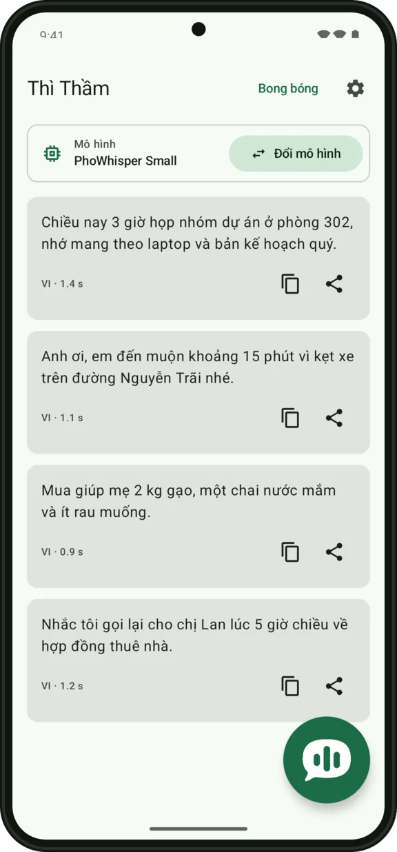 Màn hình chính Thì Thầm với danh sách văn bản đã nhận dạng
