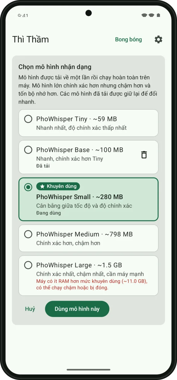 Màn hình chọn mô hình PhoWhisper