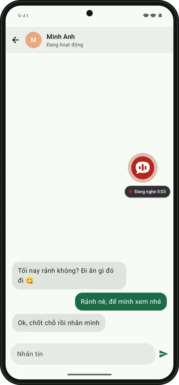 Bong bóng Thì Thầm đang nghe trên màn hình nhắn tin